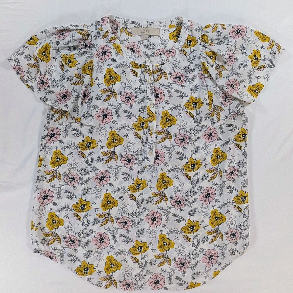Loft White Floral Flutter Short Sleeve Blouse Size Small Cottagecore